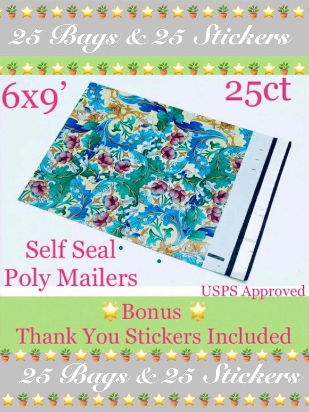 25ct 6x9’ Polymailer Bags~BONUS! 25ct Thank You Stickers 🪴🆕🪴